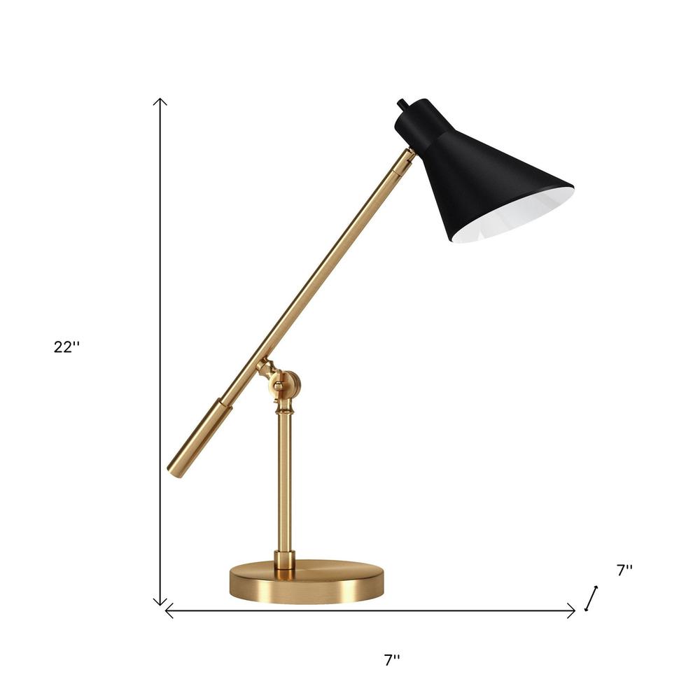 22" Brass Metal Desk Table Lamp With Black Cone Shade. Picture 7