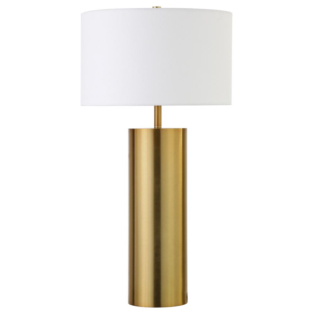 30" Brass Metal Table Lamp With White Drum Shade. Picture 1