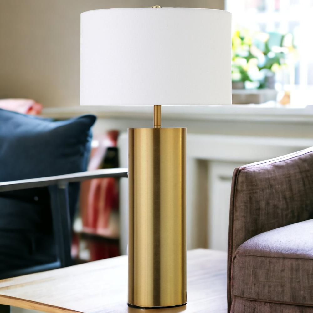 30" Brass Metal Table Lamp With White Drum Shade. Picture 3