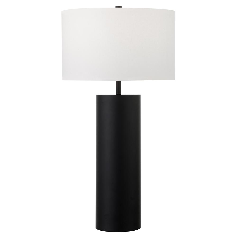 30" Black Metal Table Lamp With White Drum Shade. Picture 1