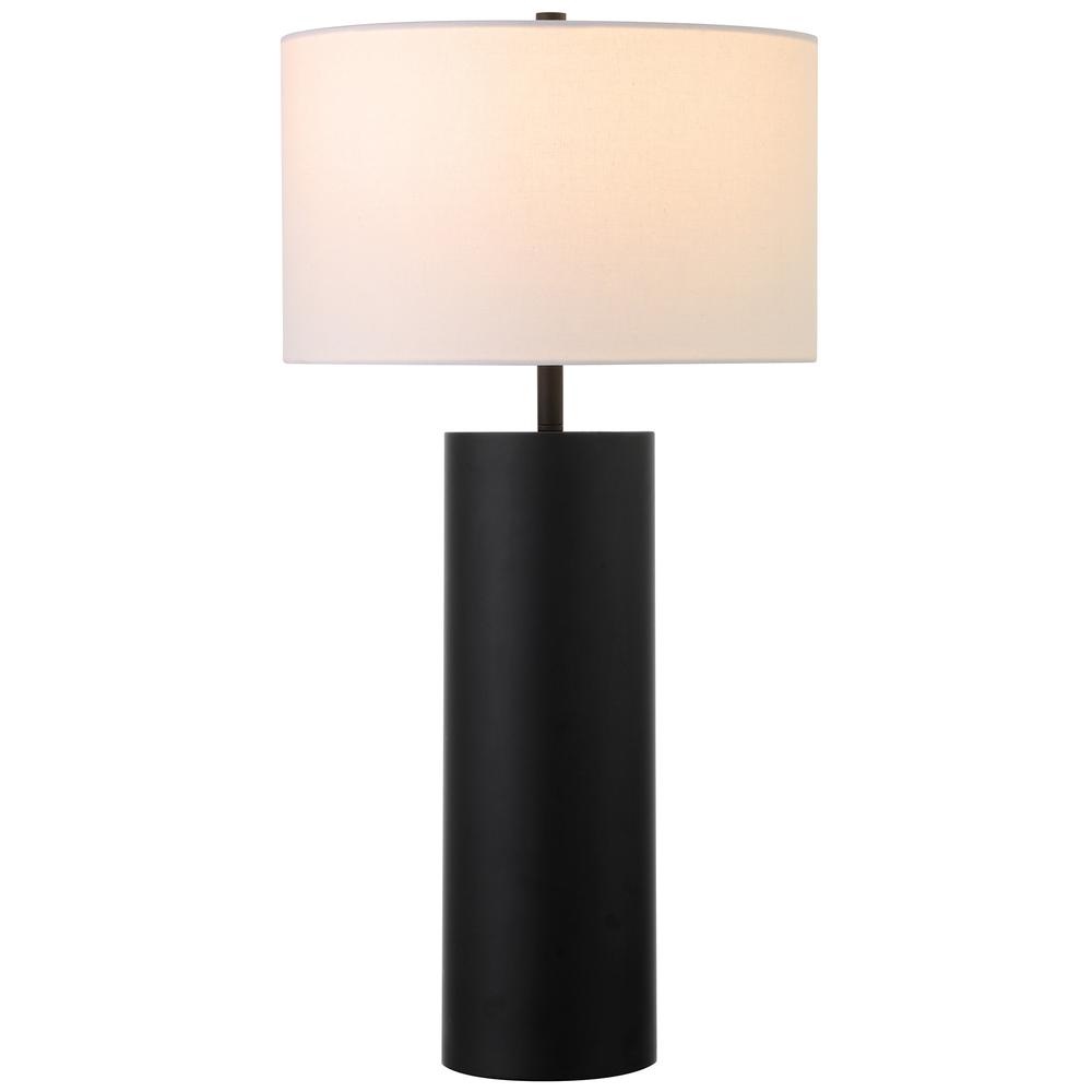 30" Black Metal Table Lamp With White Drum Shade. Picture 2