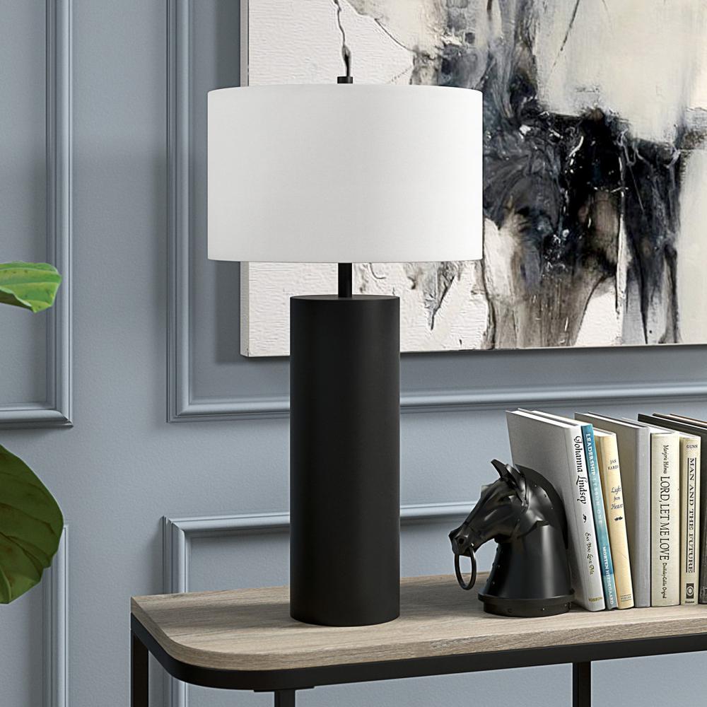 30" Black Metal Table Lamp With White Drum Shade. Picture 4