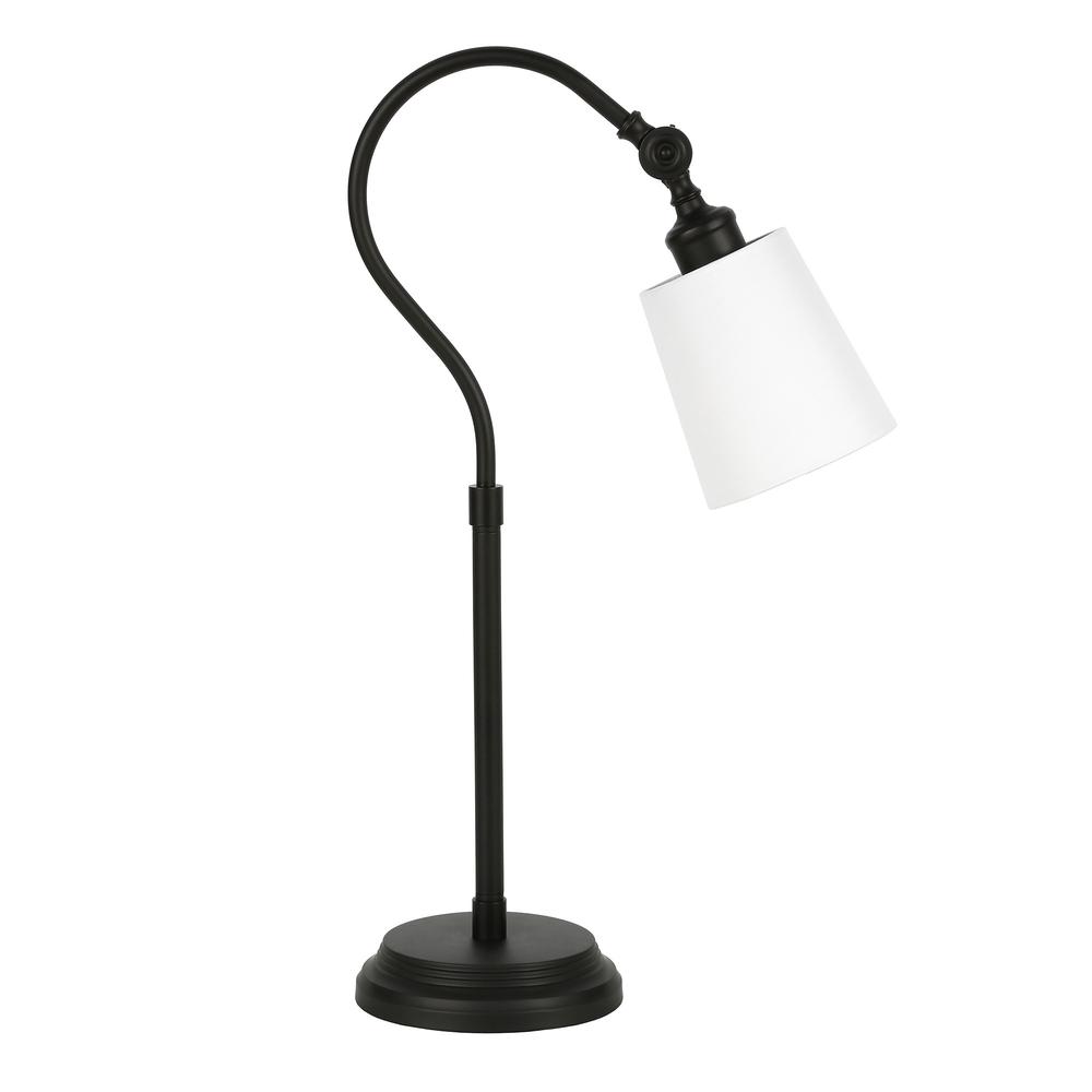 25" Black Metal Arched Table Lamp With White Drum Shade. Picture 1