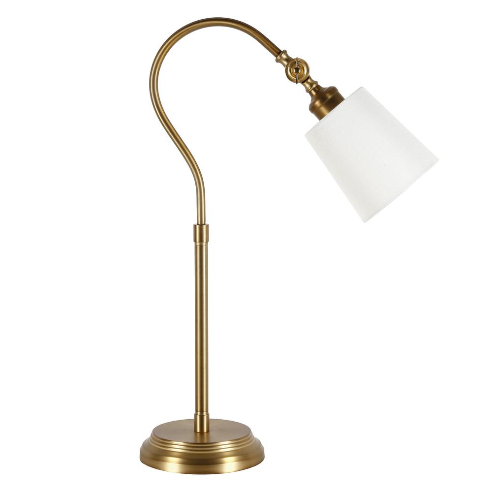 25" Brass Metal Arched Table Lamp With White Drum Shade. Picture 1