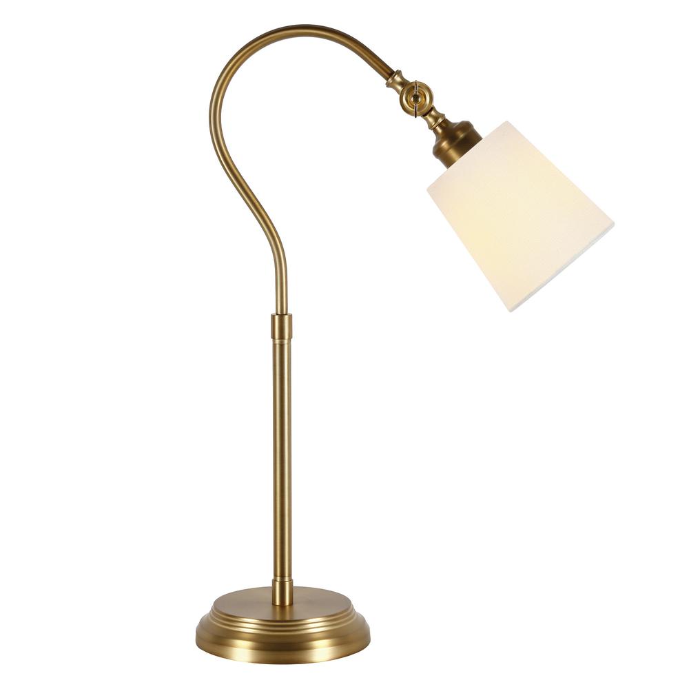 25" Brass Metal Arched Table Lamp With White Drum Shade. Picture 2