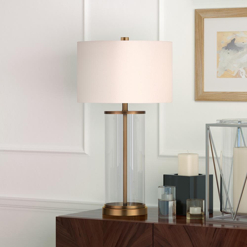 28" Brass Glass Table Lamp With White Drum Shade. Picture 5