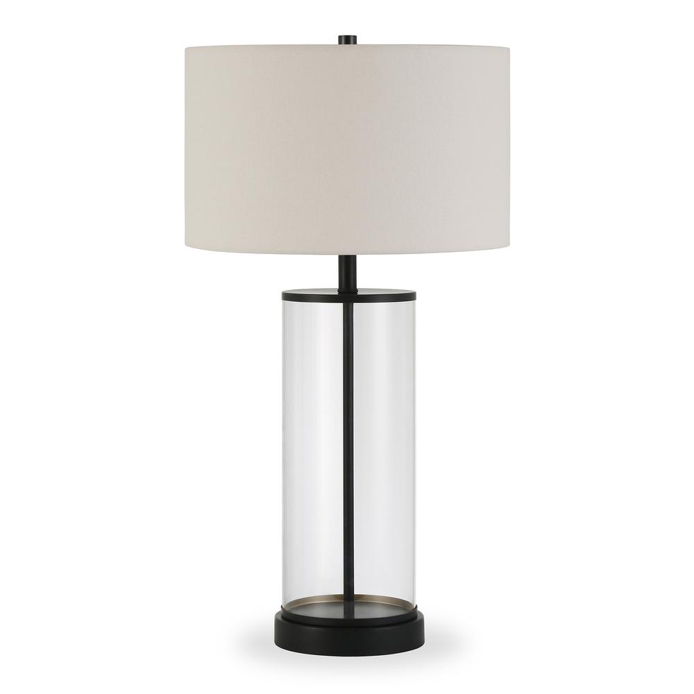 28" Black Glass Table Lamp With White Drum Shade. Picture 1