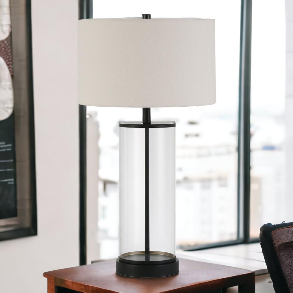 28" Black Glass Table Lamp With White Drum Shade. Picture 5