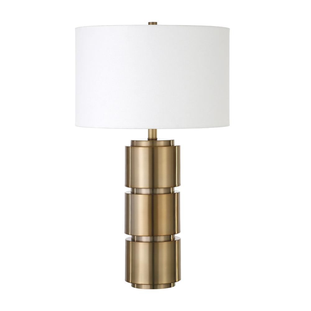 27" Brass Metal Table Lamp With White Drum Shade. Picture 1