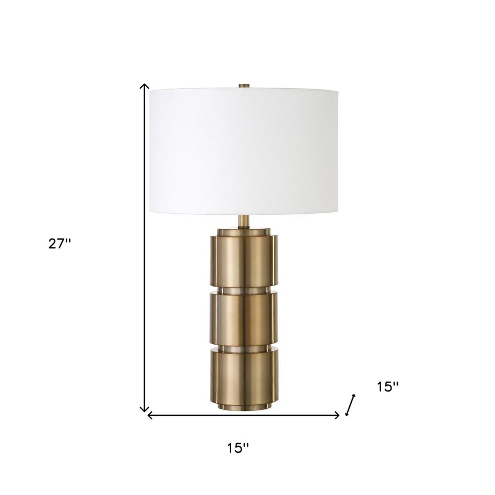 27" Brass Metal Table Lamp With White Drum Shade. Picture 5