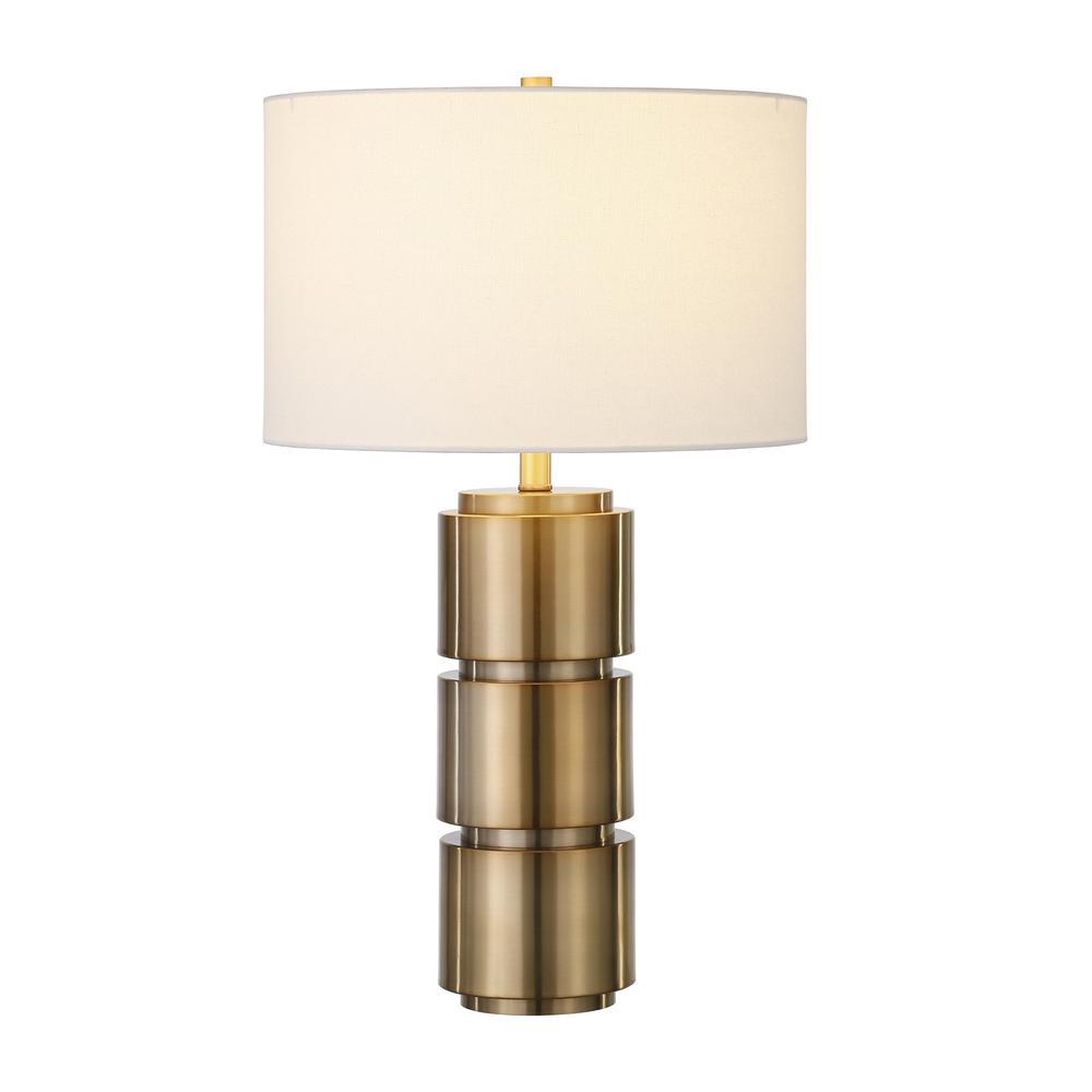 27" Brass Metal Table Lamp With White Drum Shade. Picture 2