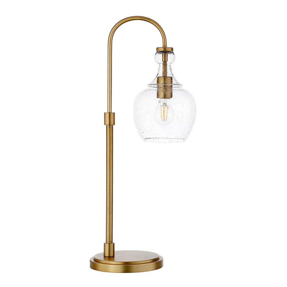 27" Brass Metal Arched Table Lamp With Clear Seeded Dome Shade. Picture 1
