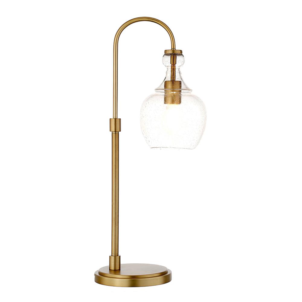 27" Brass Metal Arched Table Lamp With Clear Seeded Dome Shade. Picture 2