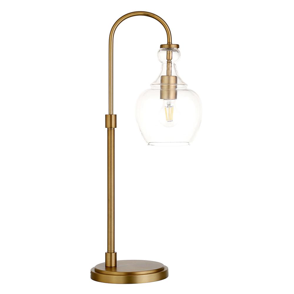 27" Brass Metal Arched Table Lamp With Clear Dome Shade. Picture 1