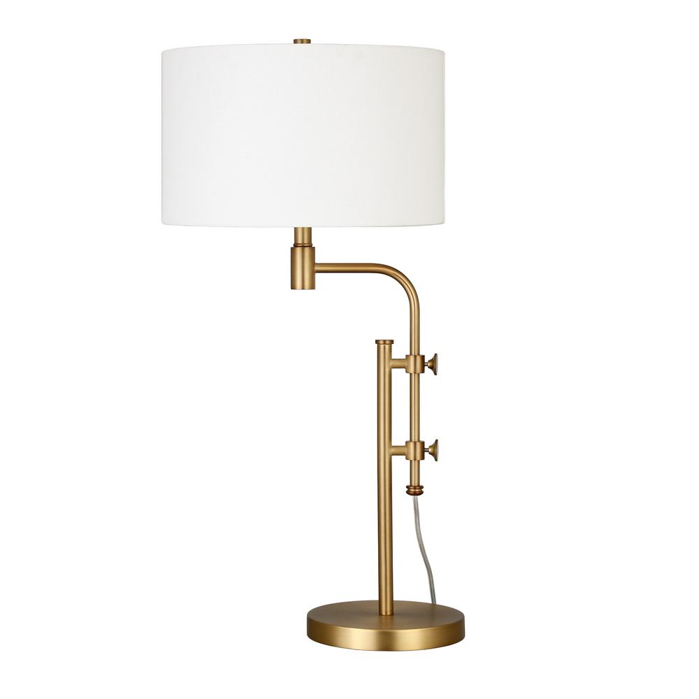 32" Brass Metal Adjustable Table Lamp With White Drum Shade. Picture 1