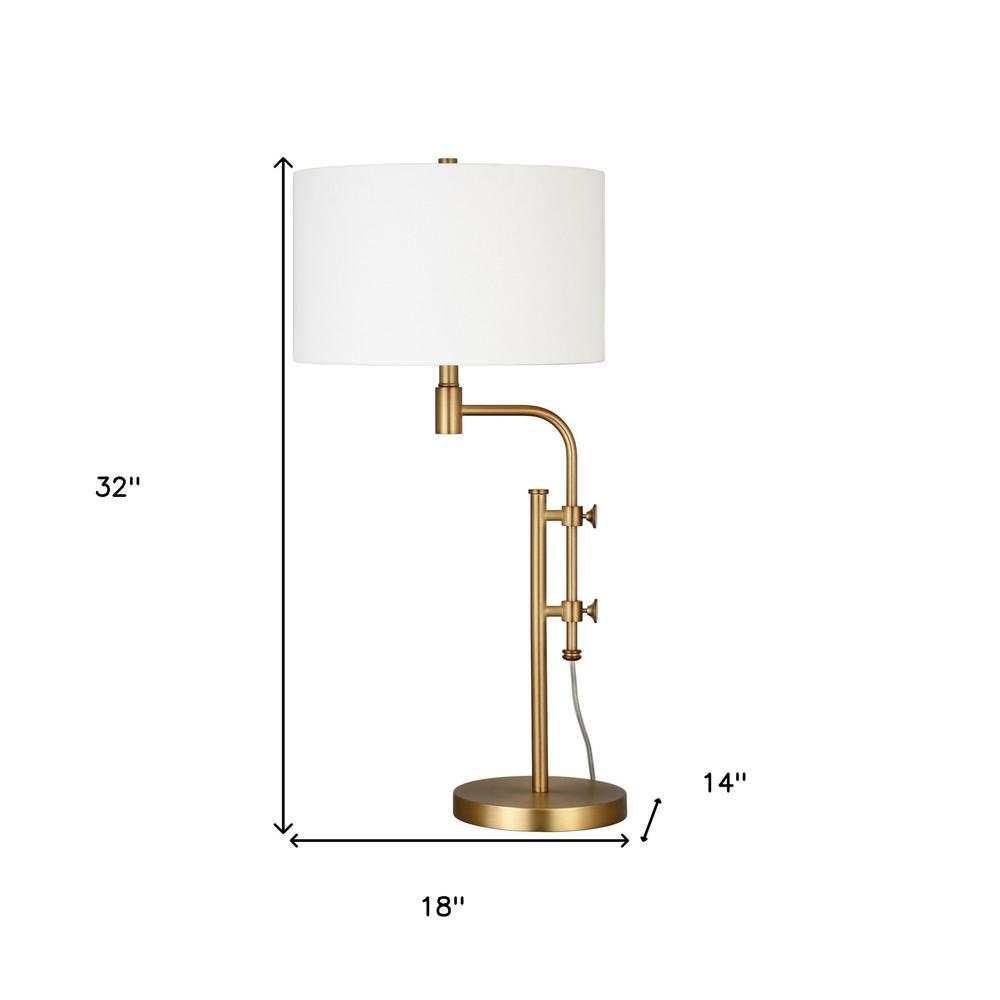 32" Brass Metal Adjustable Table Lamp With White Drum Shade. Picture 6