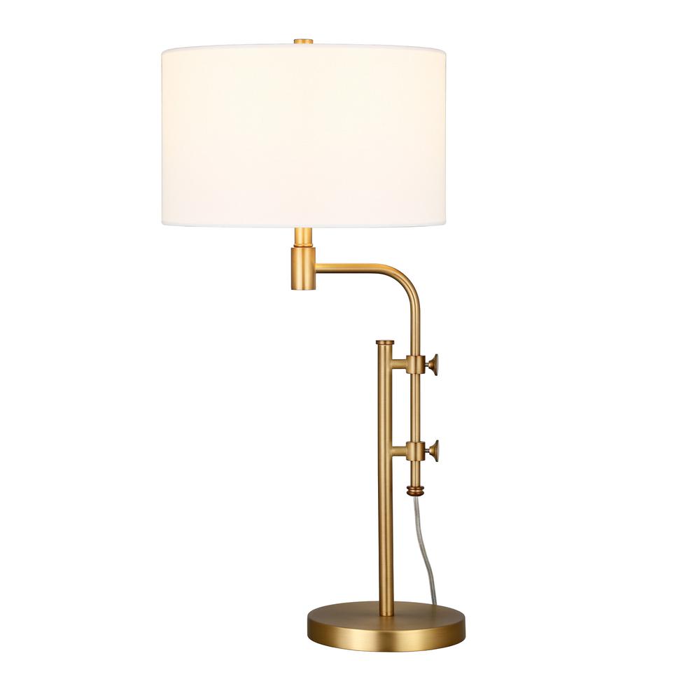 32" Brass Metal Adjustable Table Lamp With White Drum Shade. Picture 2