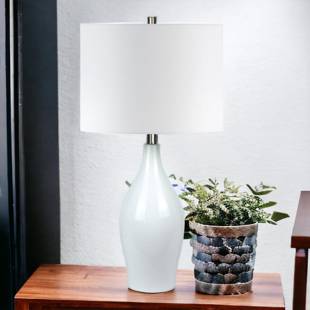 28" White Porcelain Table Lamp With White Drum Shade. Picture 3
