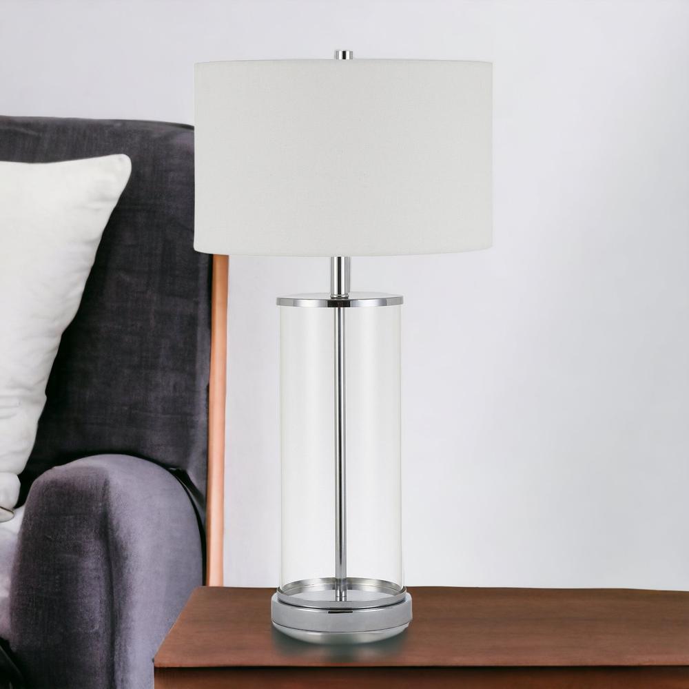 28" Nickel Glass Table Lamp With White Drum Shade. Picture 3