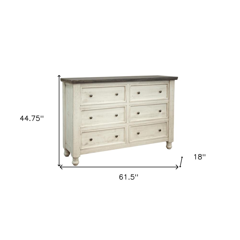 62" Gray and Ivory Solid Wood Six Drawer Double Dresser. Picture 5