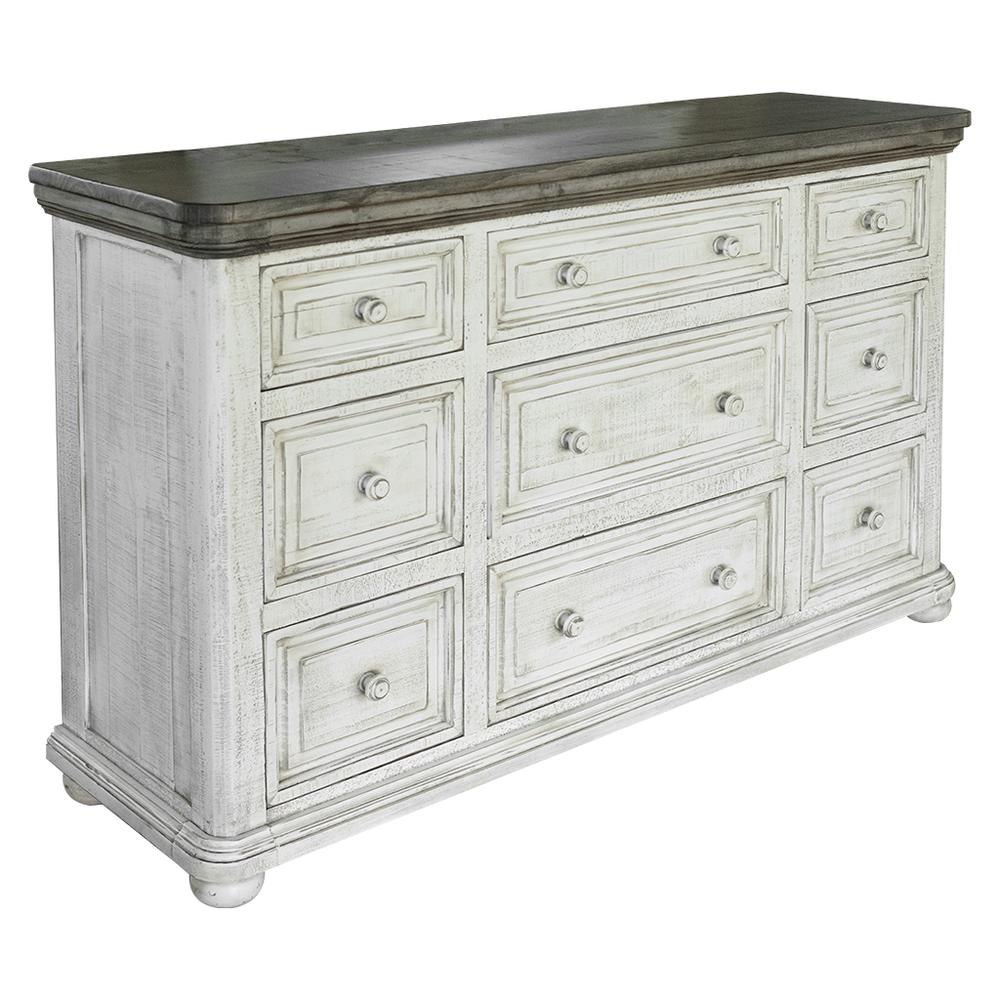 62" Gray and Ivory Solid Wood Nine Drawer Triple Dresser. Picture 1