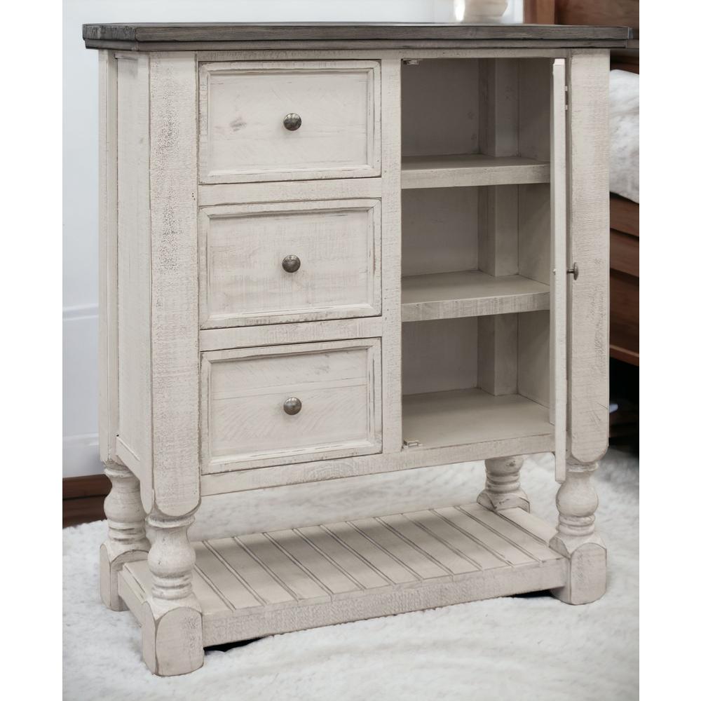 39" Gray and Ivory Solid Wood Three Drawer Chest. Picture 6