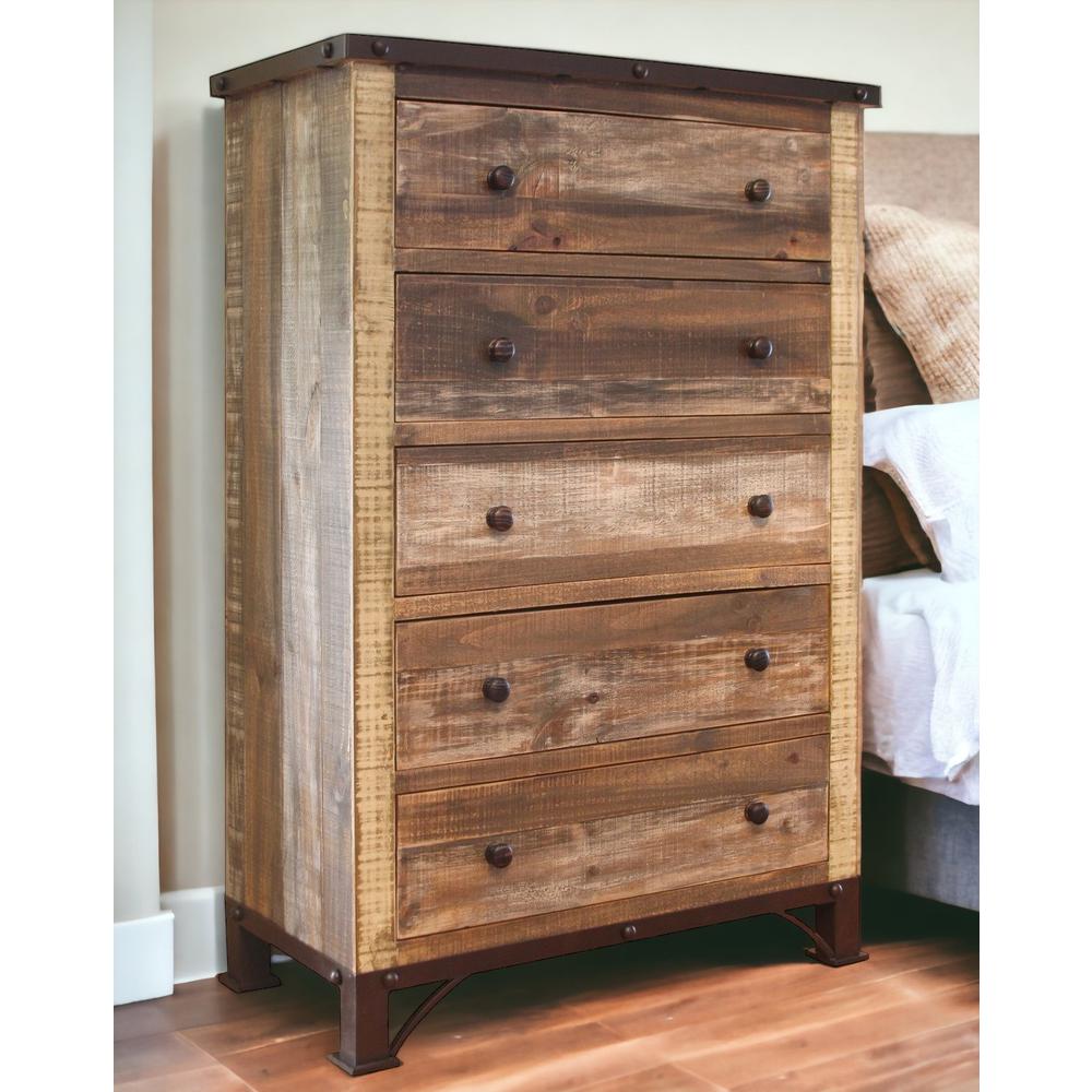 36" Brown Solid Wood Five Drawer Chest. Picture 5