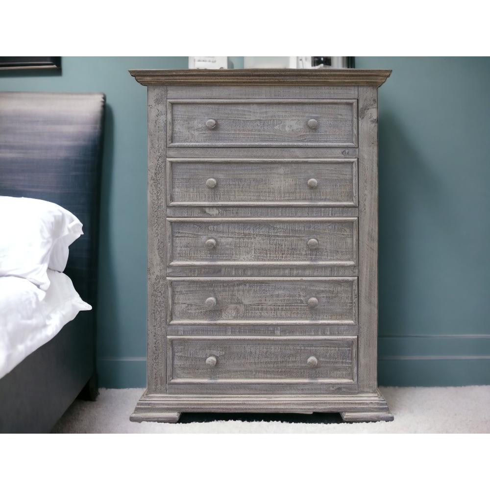 37" Gray Solid Wood Five Drawer Chest. Picture 6