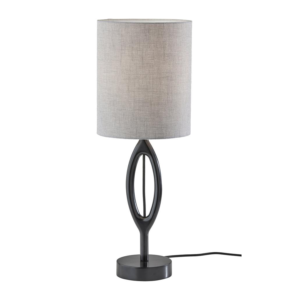 28" Black Solid Wood Round Table Lamp With Gray Drum Shade. Picture 1