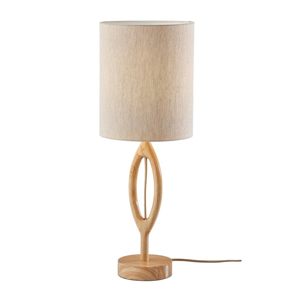 28" Natural Solid Wood Round Table Lamp With Beige Drum Shade. Picture 1