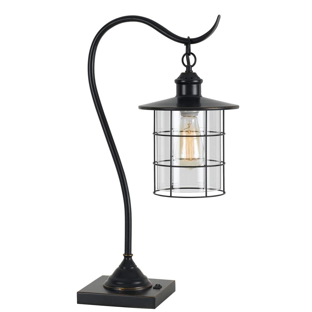 25" Bronze Metal Lantern Style Desk Lamp With Edison Bulb. Picture 1