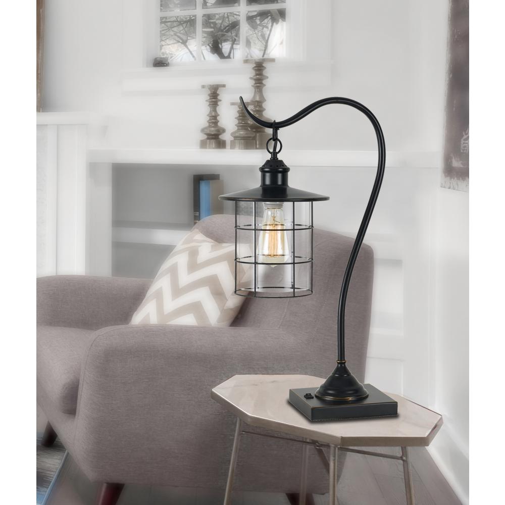 25" Bronze Metal Lantern Style Desk Lamp With Edison Bulb. Picture 4
