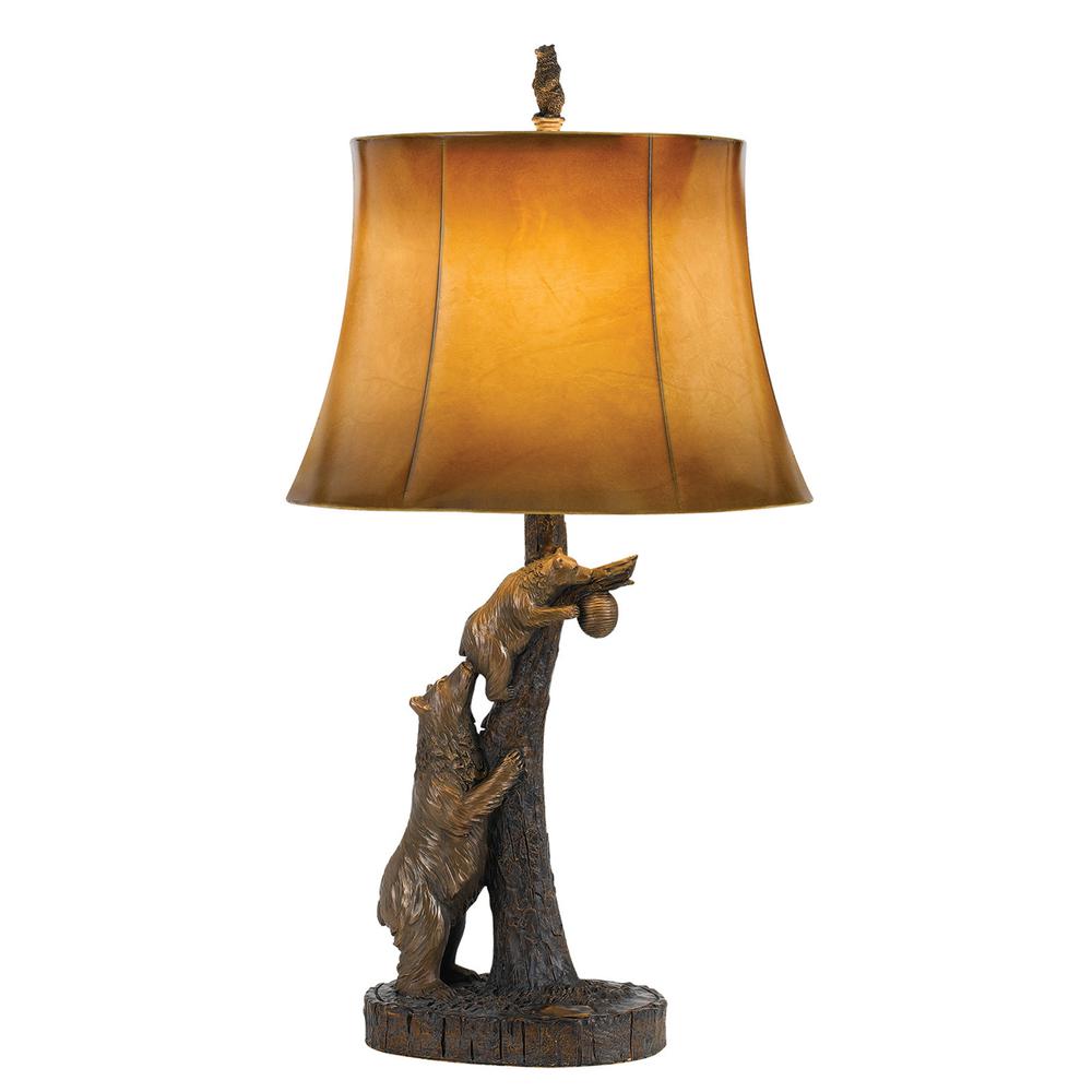 31" Bronze Bears After the Honey Table Lamp With Brown Faux Leather Shade. Picture 1