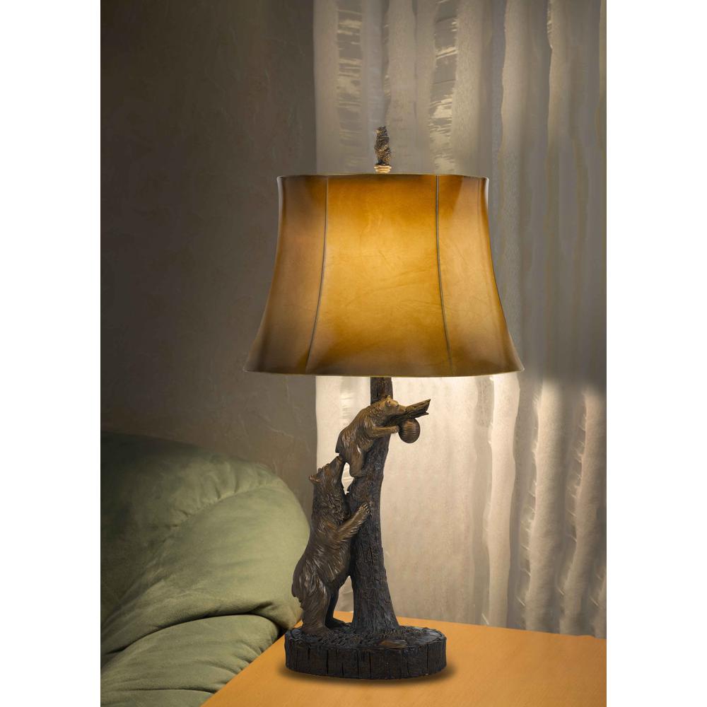 31" Bronze Bears After the Honey Table Lamp With Brown Faux Leather Shade. Picture 4