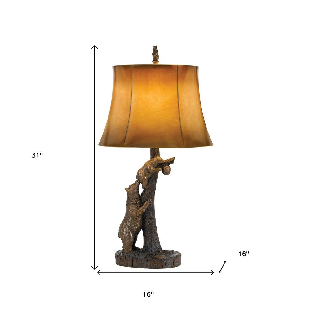 31" Bronze Bears After the Honey Table Lamp With Brown Faux Leather Shade. Picture 5