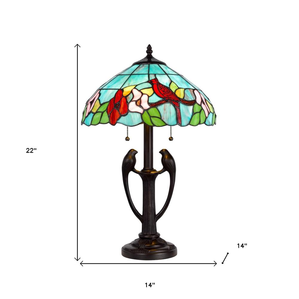 22" Bronze Two Light Tiffany Table Lamp With Aqua and Red Floral Shade. Picture 6
