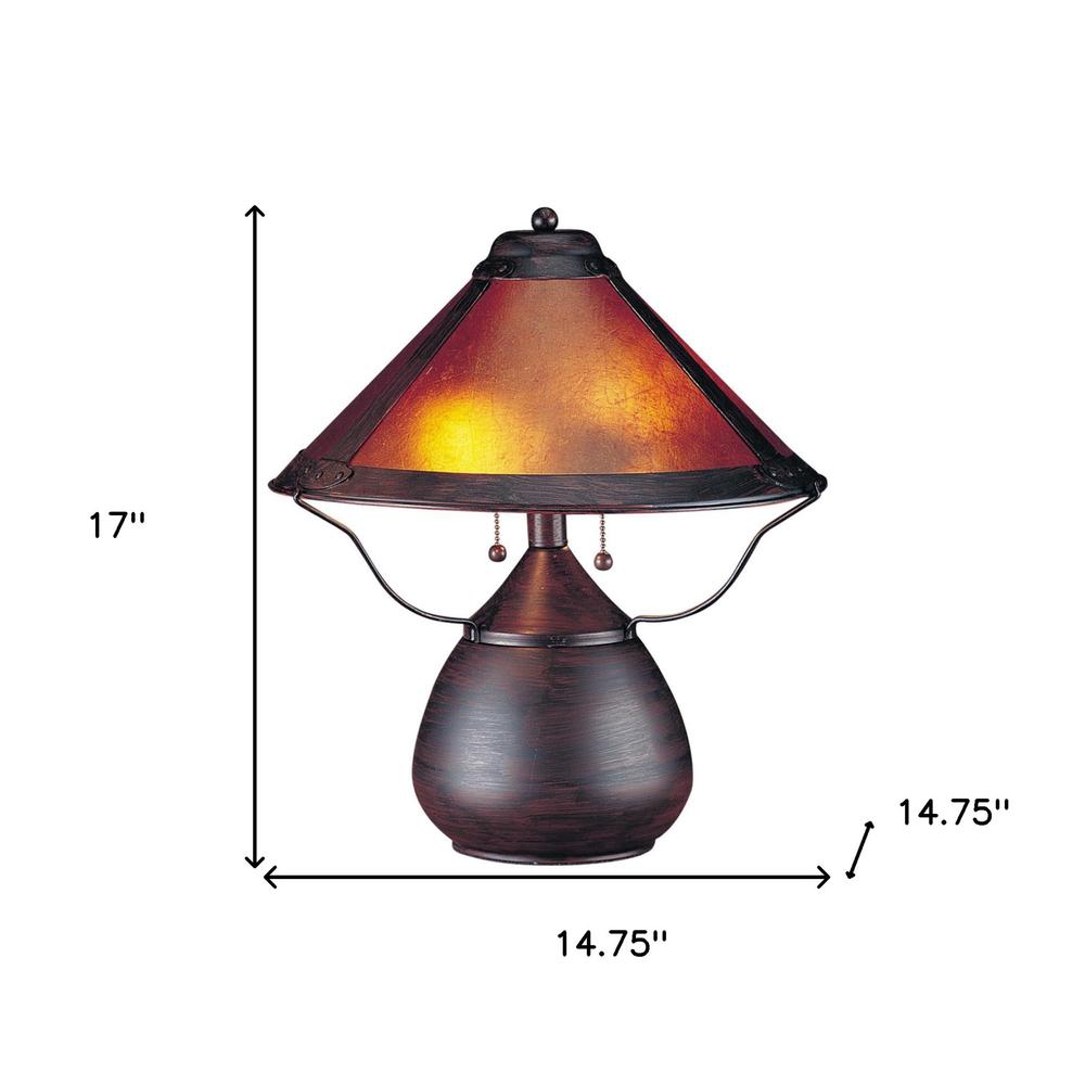 17" Rust Metal Two Light Table Lamp With Amber Empire Shade. Picture 5
