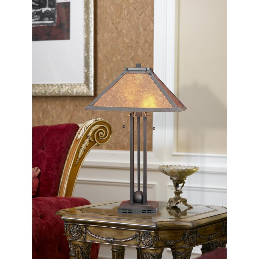 25" Rust Metal Two Light Table Lamp With Amber Square Shade. Picture 4