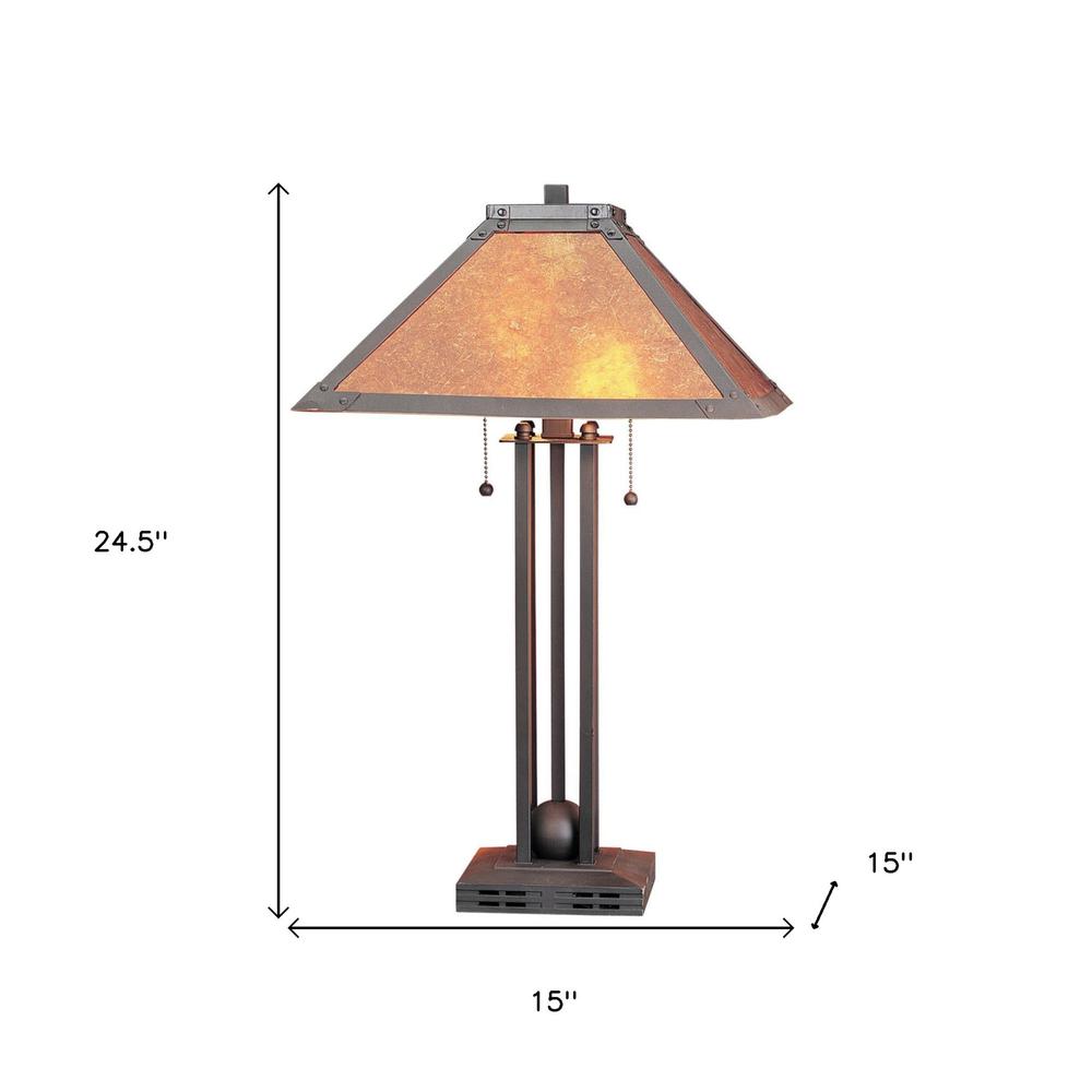 25" Rust Metal Two Light Table Lamp With Amber Square Shade. Picture 5