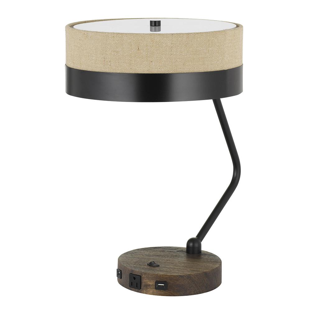 20" Black Metal Two Light Desk Usb Table Lamp With Beige Drum Shade. Picture 1
