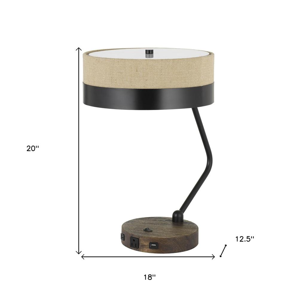 20" Black Metal Two Light Desk Usb Table Lamp With Beige Drum Shade. Picture 5