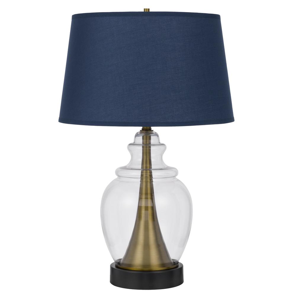 30" Antiqued Brass and Glass Table Lamp With Navy Blue Empire Shade. Picture 1