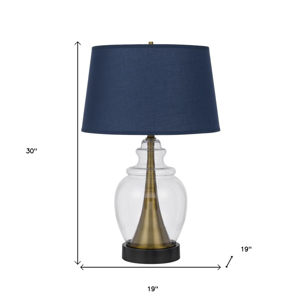 30" Antiqued Brass and Glass Table Lamp With Navy Blue Empire Shade. Picture 5