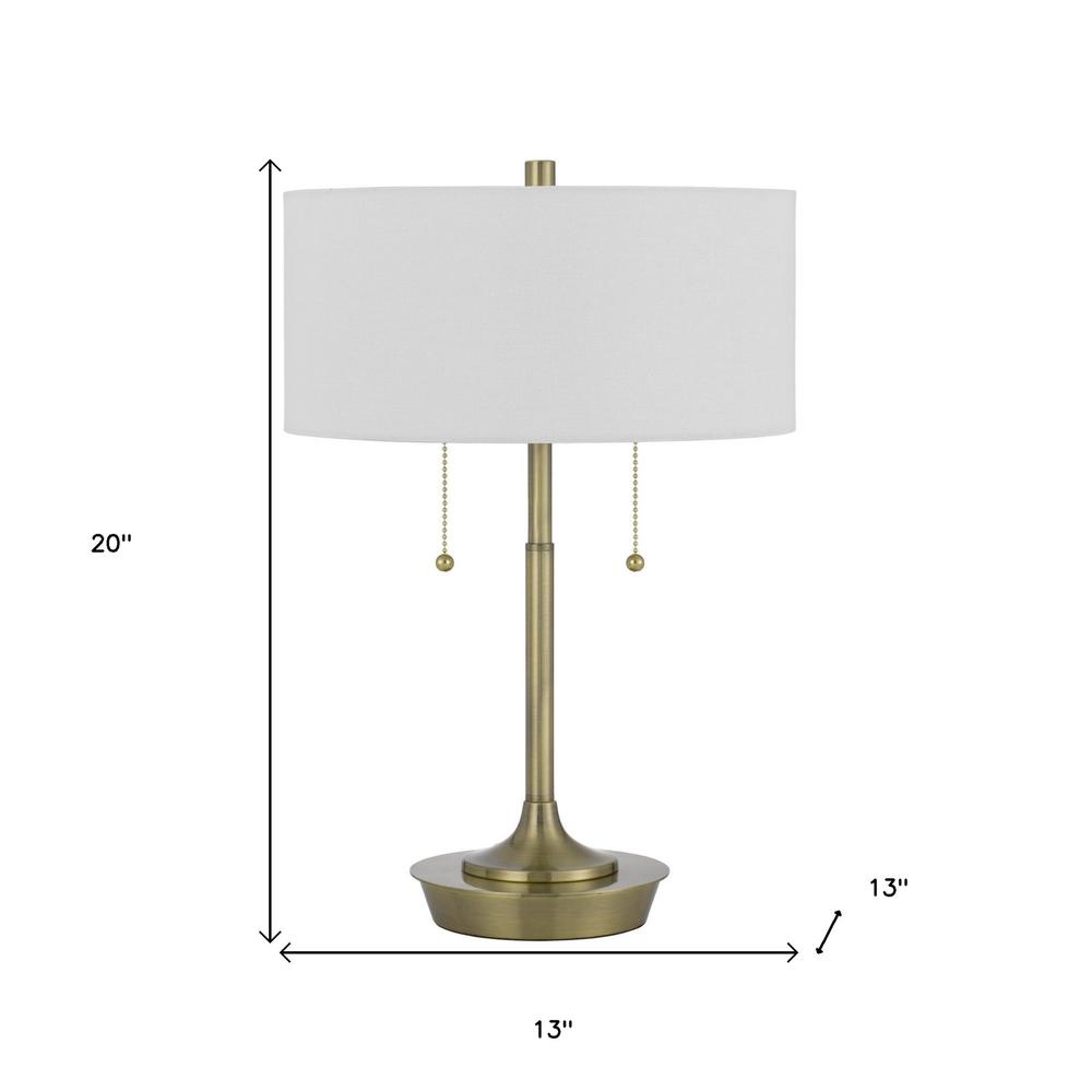 20" Antiqued Brass Metal Two Light Table Lamp With White Drum Shade. Picture 5