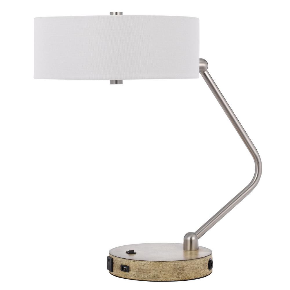 20" Nickel Metal Two Light Desk Usb Table Lamp With White Drum Shade. Picture 1