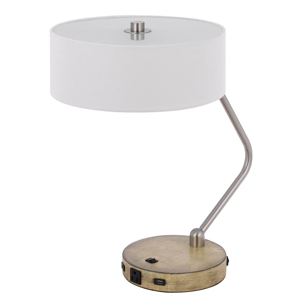 20" Nickel Metal Two Light Desk Usb Table Lamp With White Drum Shade. Picture 3