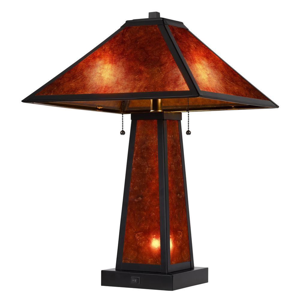 24" Burnt Orange Metal Two Light Table Lamp With Amber Square Shade. Picture 1