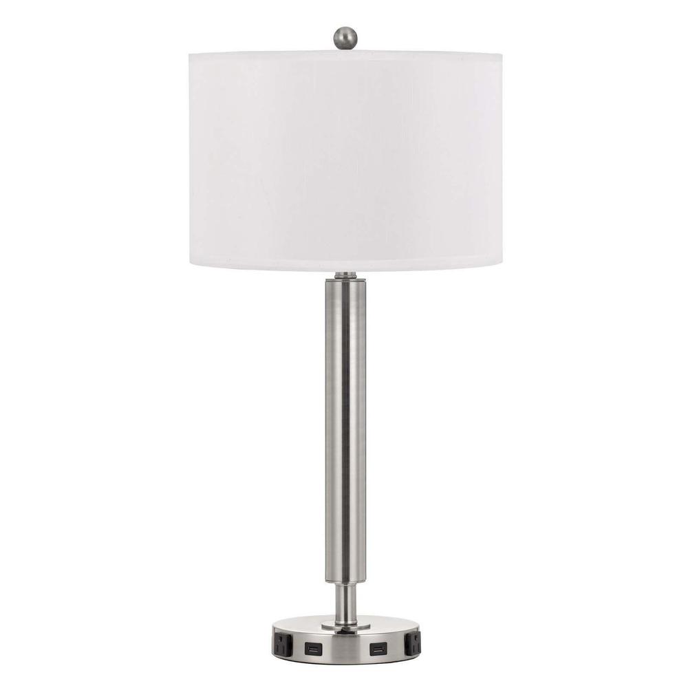 30" Nickel Metal Usb Table Lamp With White Drum Shade. Picture 1