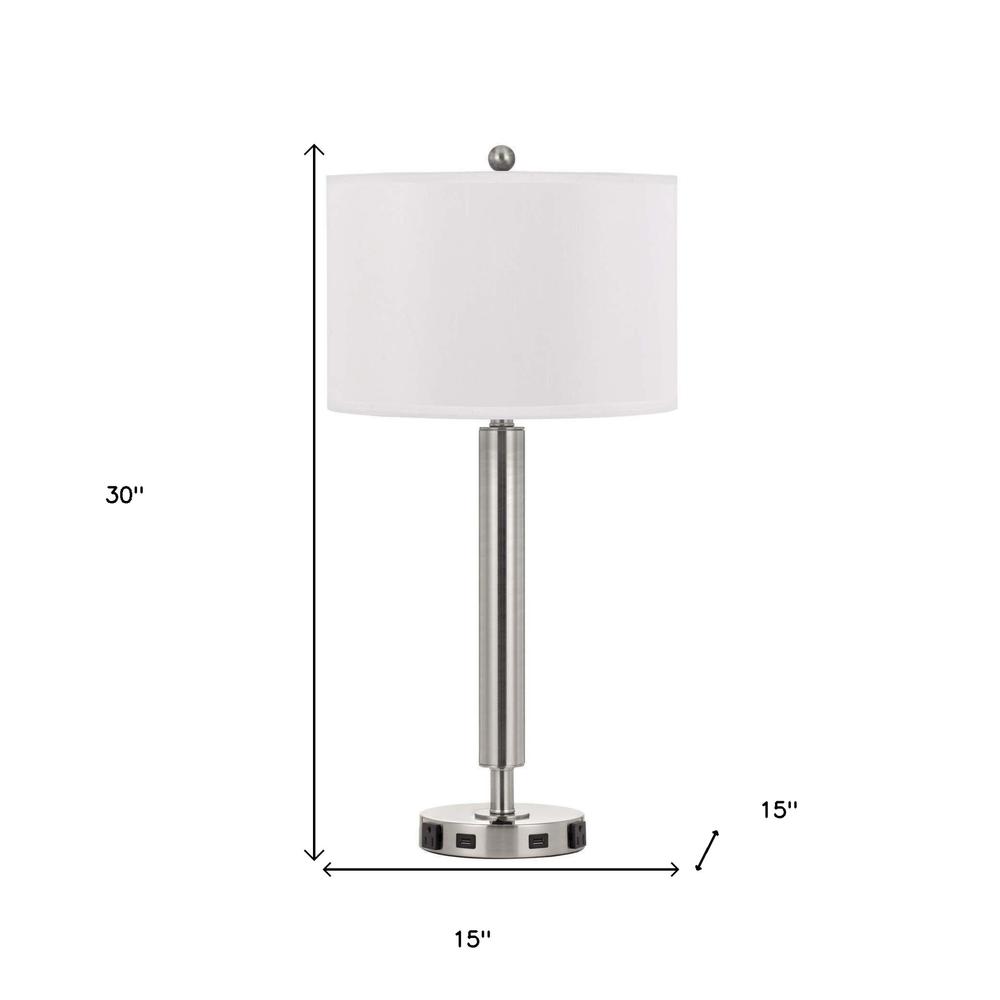 30" Nickel Metal Usb Table Lamp With White Drum Shade. Picture 5