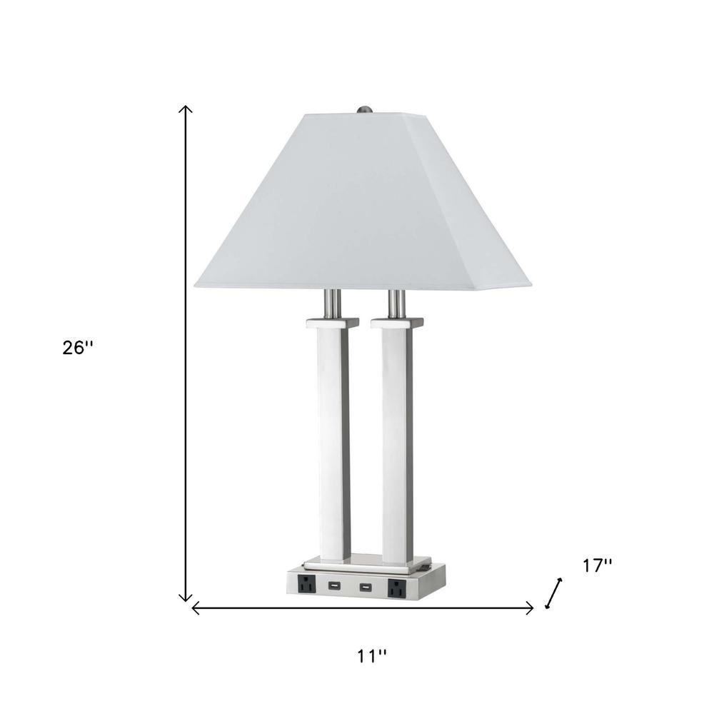 26" Nickel Metal Two Light Desk Usb Table Lamp With White Novelty Shade. Picture 5